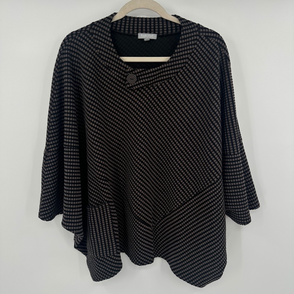 Habitat Poncho Sweater Lagenlook Large Black Brown Geometric‎ Dot Button Neck